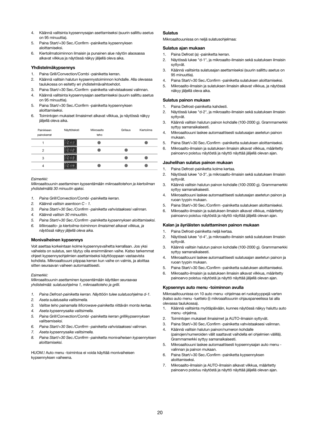 Melissa 753-123 manual Yhdistelmäkypsennys, Monivaiheinen kypsennys, Sulatus ajan mukaan, Sulatus painon mukaan 