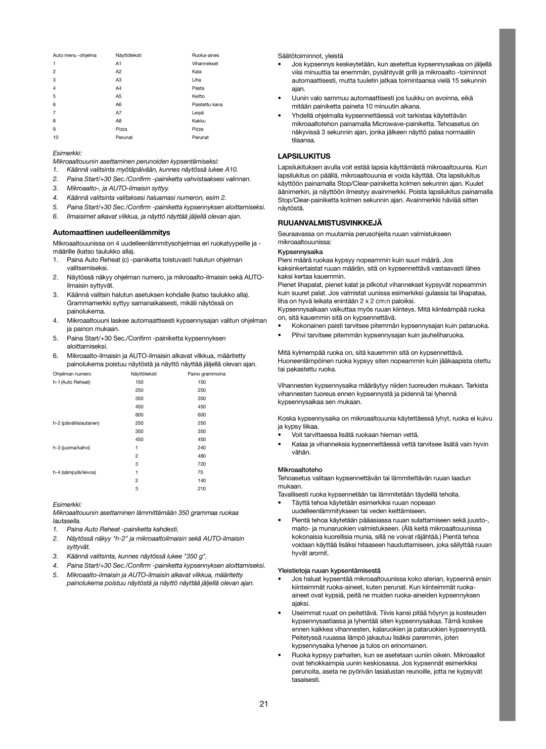 Melissa 753-123 manual Automaattinen uudelleenlämmitys, Lapsilukitus, Ruuanvalmistusvinkkejä 