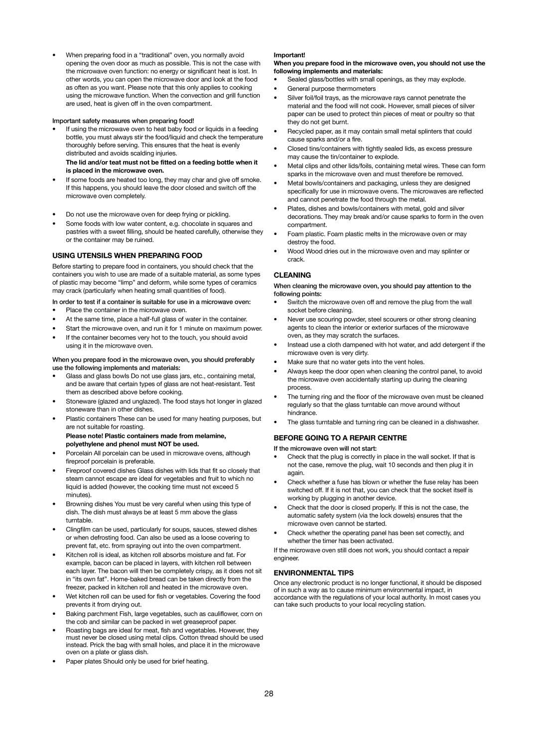 Melissa 753-123 manual Using Utensils When Preparing Food, Cleaning, Before Going to a Repair Centre, Environmental Tips 