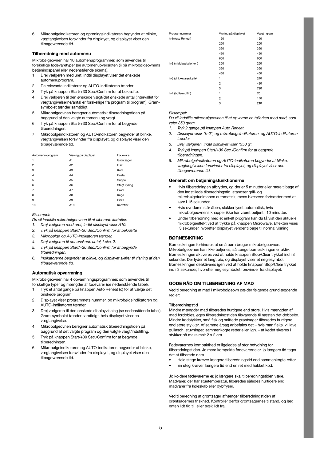 Melissa 753-123 manual Tilberedning med automenu, Automatisk opvarmning, Generelt om betjeningsfunktionerne, Børnesikring 