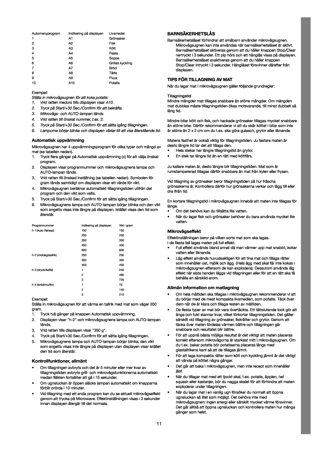 Melissa 753-123 manual Automatisk uppvärmning, Kontrollfunktioner, allmänt, Barnsäkerhetslås, Tips För Tillagning Av Mat 