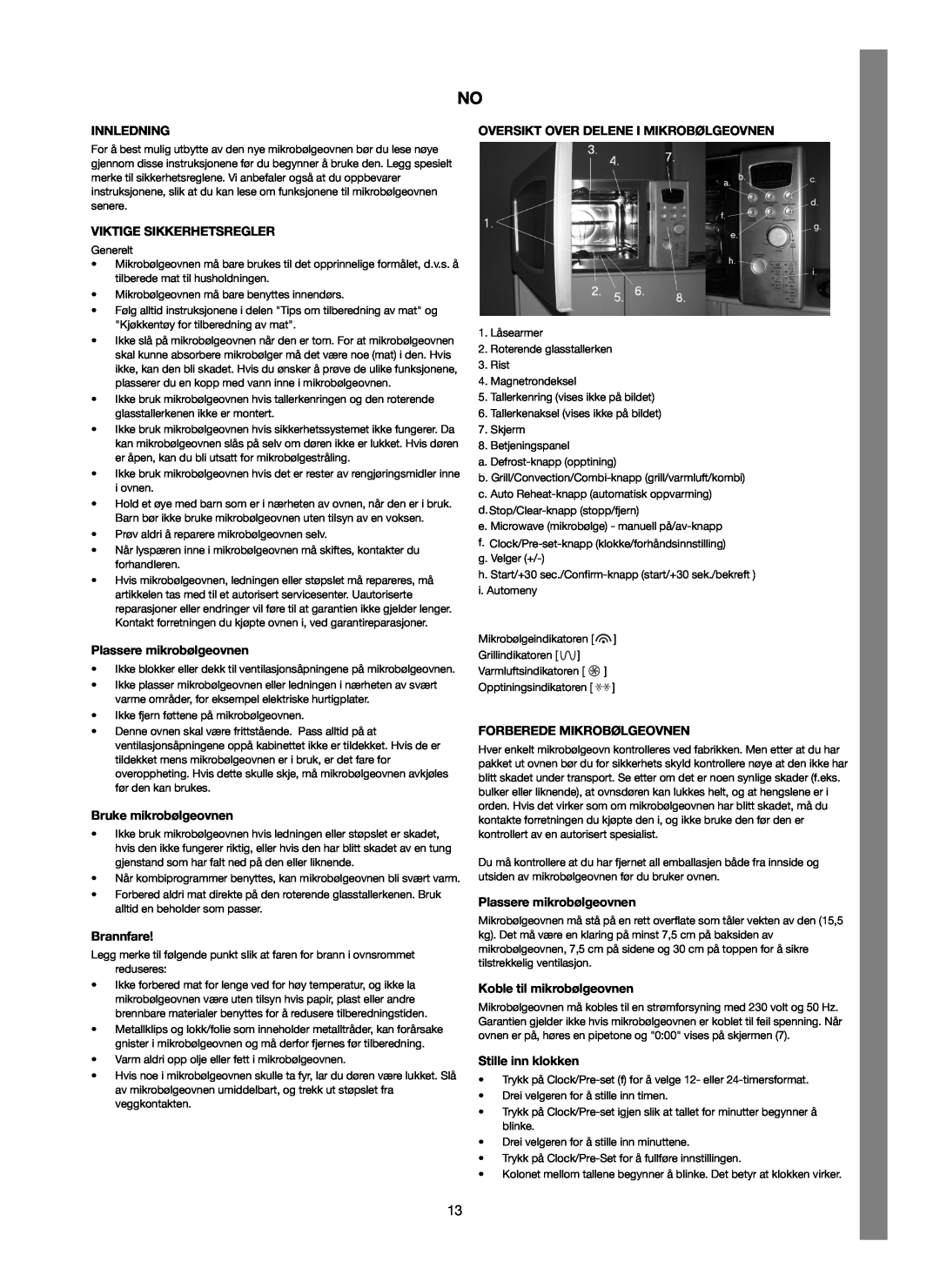 Melissa 753-123 manual Innledning, Viktige Sikkerhetsregler, Plassere mikrobølgeovnen, Bruke mikrobølgeovnen, Brannfare 