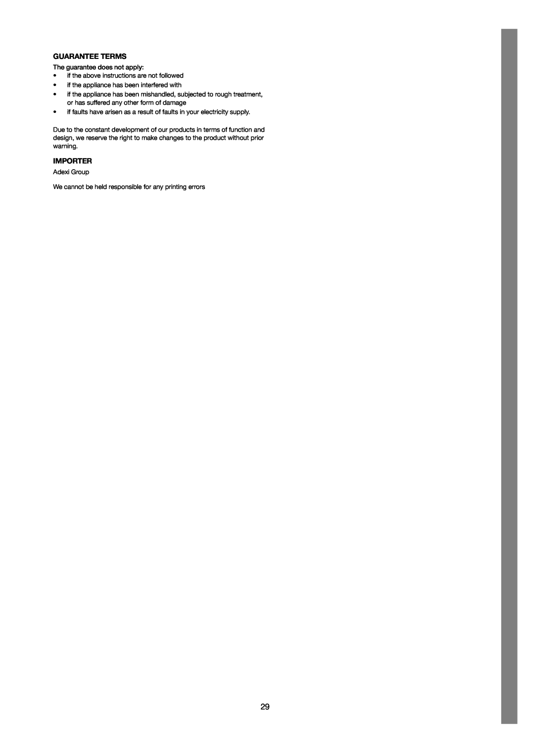 Melissa 753-123 manual Guarantee Terms, Importer 