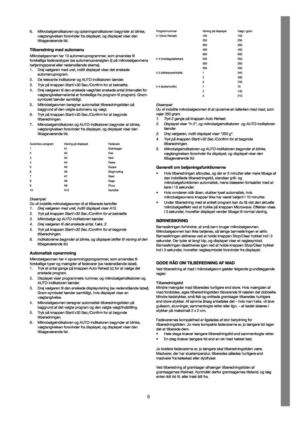 Melissa 753-123 manual Tilberedning med automenu, Automatisk opvarmning, Generelt om betjeningsfunktionerne, Børnesikring 