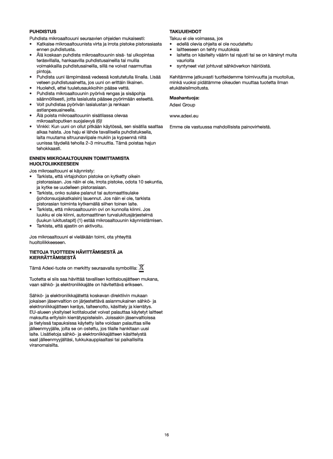 Melissa 753-125 manual Puhdistus, Ennen Mikroaaltouunin Toimittamista Huoltoliikkeeseen, Takuuehdot, Maahantuoja 