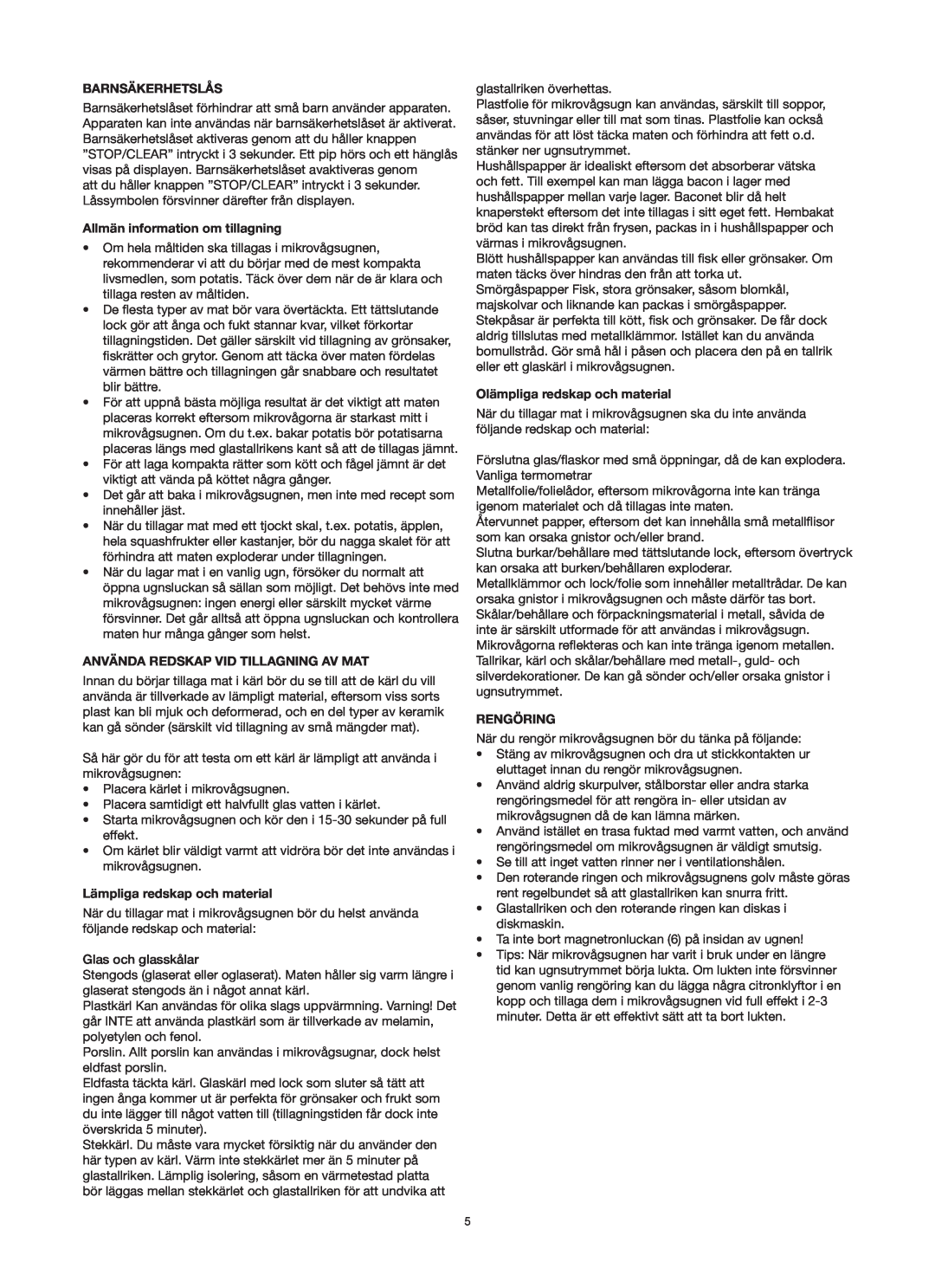 Melissa 753-125 manual Barnsäkerhetslås, Allmän information om tillagning, Använda Redskap Vid Tillagning Av Mat, Rengöring 