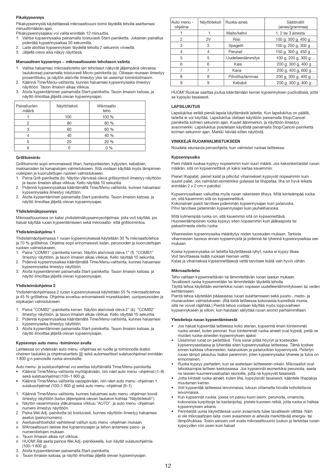 Melissa 753-126 manual Lapsilukitus, Vinkkejä Ruoanvalmistukseen 