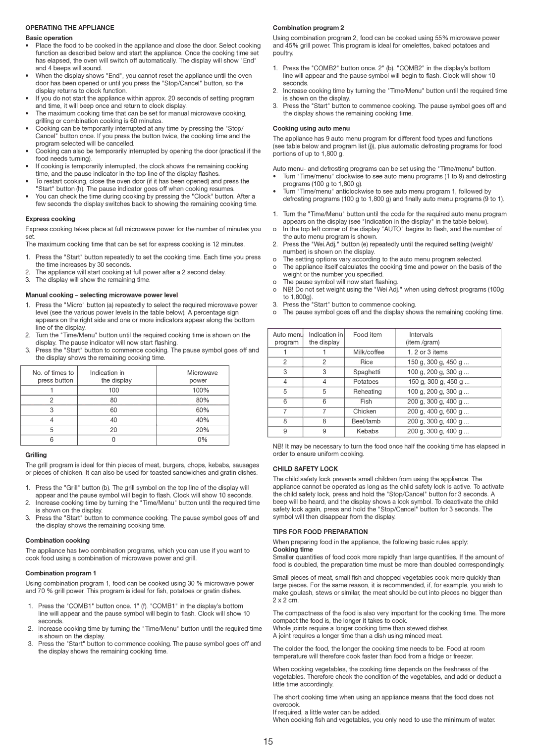 Melissa 753-126 manual Operating the Appliance, Child Safety Lock, Tips for Food Preparation 