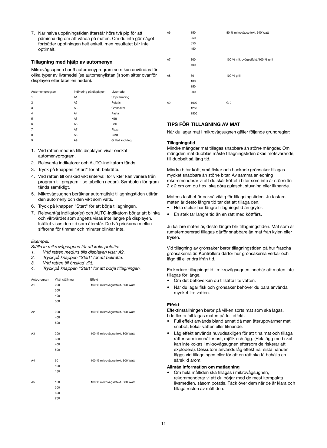 Melissa 753-130 manual Tillagning med hjälp av automenyn, Tips FÖR Tillagning AV MAT, Tillagningstid, Effekt 