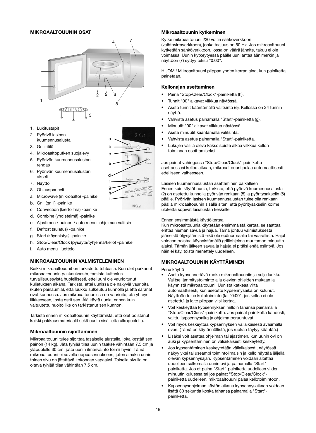 Melissa 753-130 Mikroaaltouunin Osat, Mikroaaltouunin kytkeminen, Kellonajan asettaminen, Mikroaaltouunin Valmisteleminen 