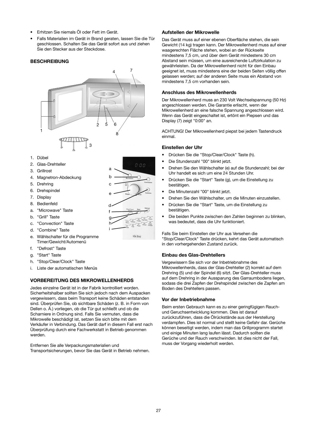 Melissa 753-130 manual Beschreibung, Vorbereitung DES Mikrowellenherds 