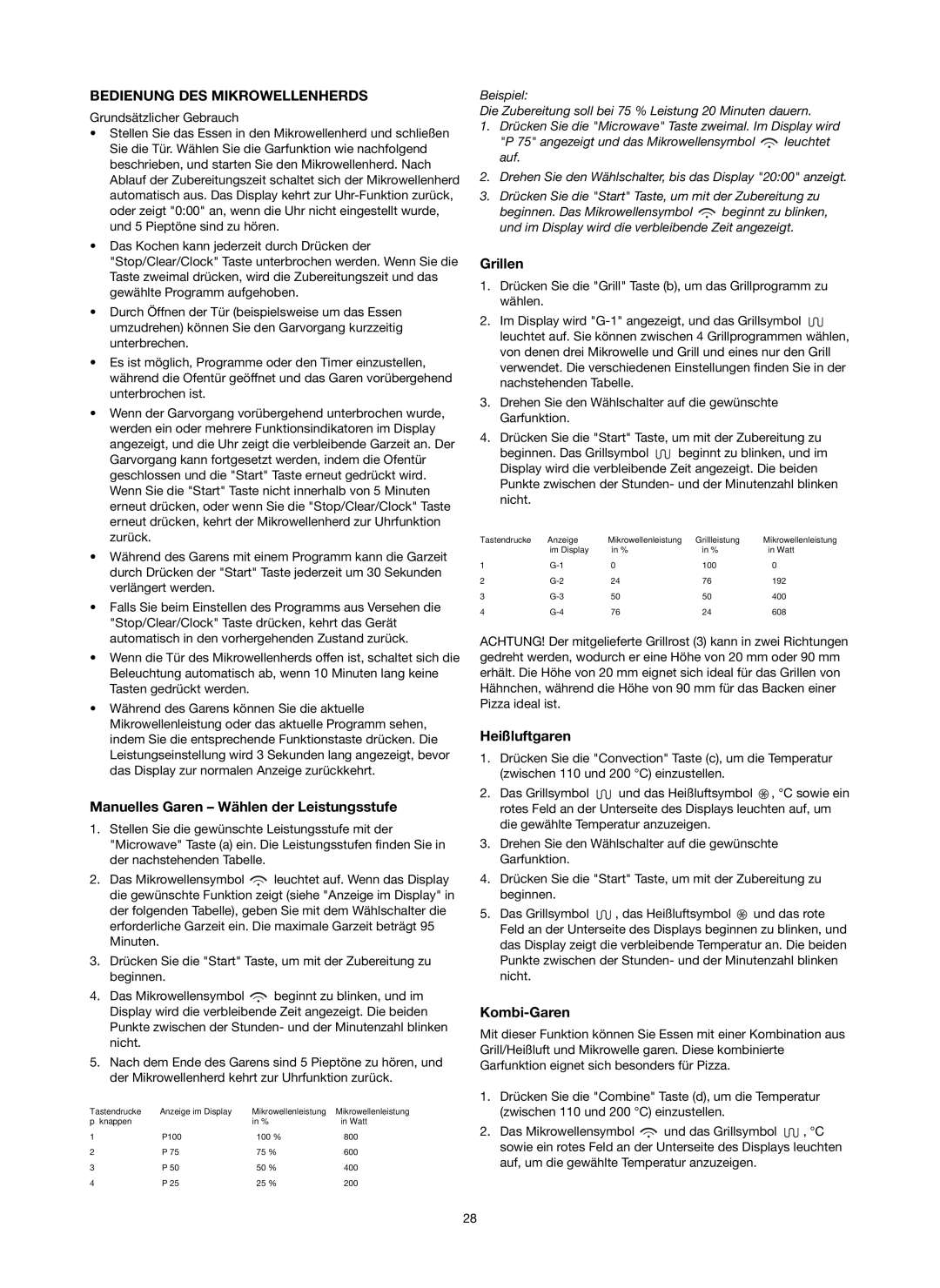 Melissa 753-130 manual Bedienung DES Mikrowellenherds, Manuelles Garen Wählen der Leistungsstufe, Grillen, Heißluftgaren 