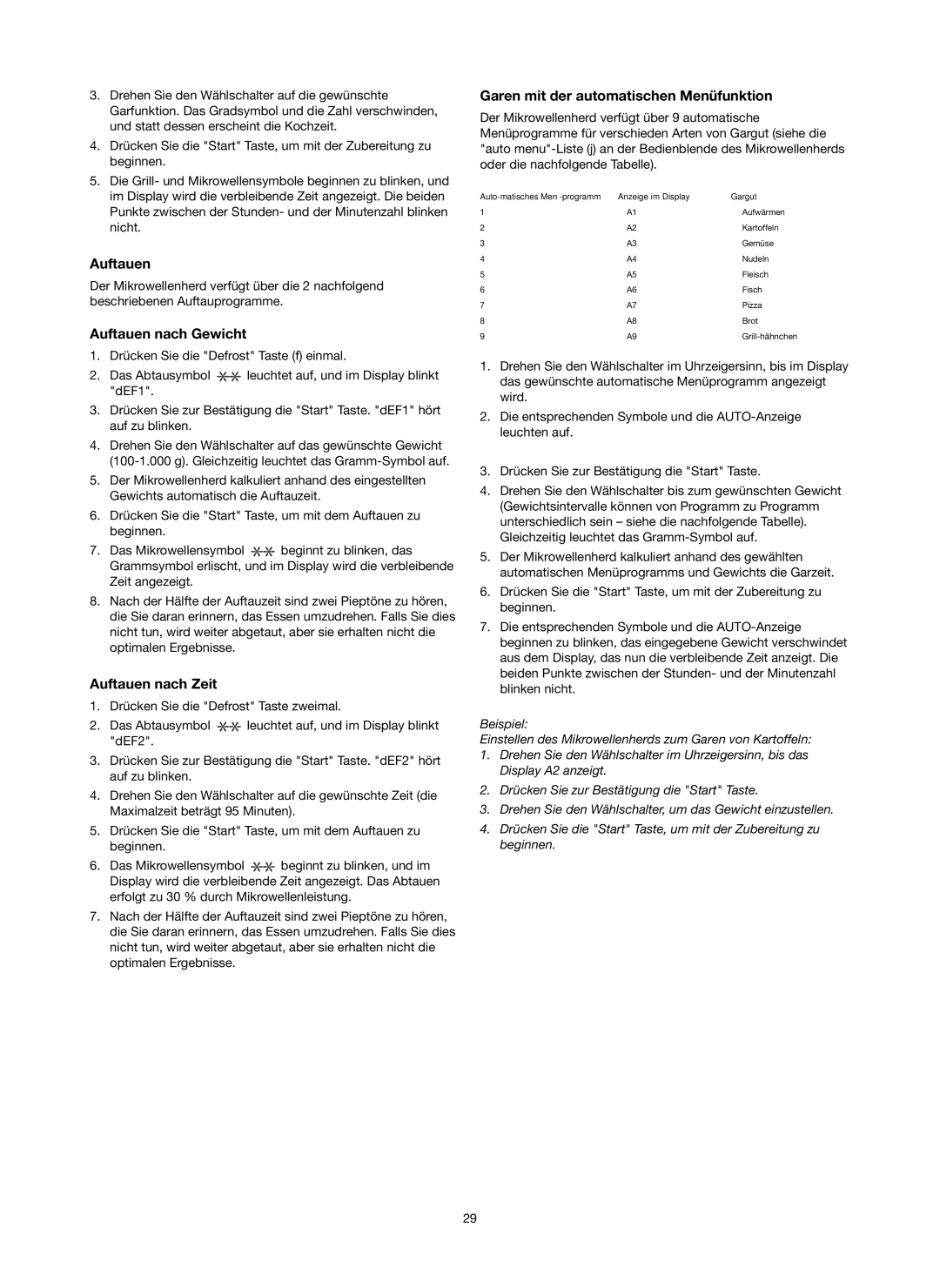 Melissa 753-130 manual Auftauen nach Gewicht, Auftauen nach Zeit, Garen mit der automatischen Menüfunktion 