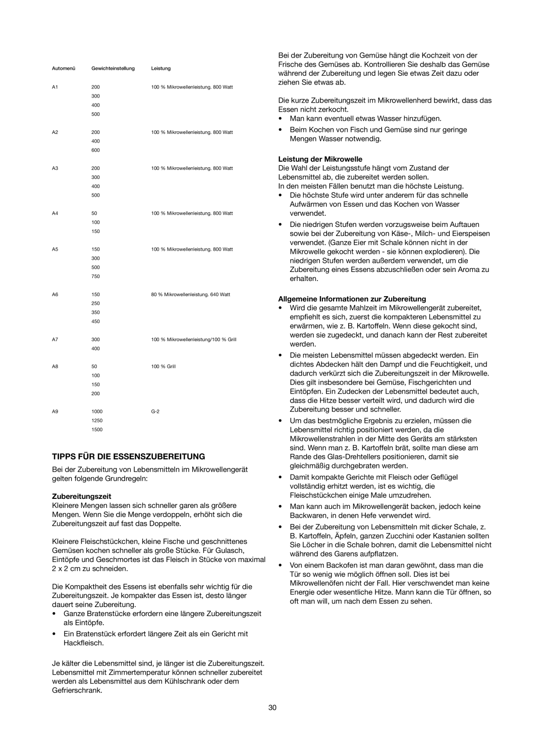 Melissa 753-130 manual Tipps FÜR DIE Essenszubereitung, Zubereitungszeit, Leistung der Mikrowelle 