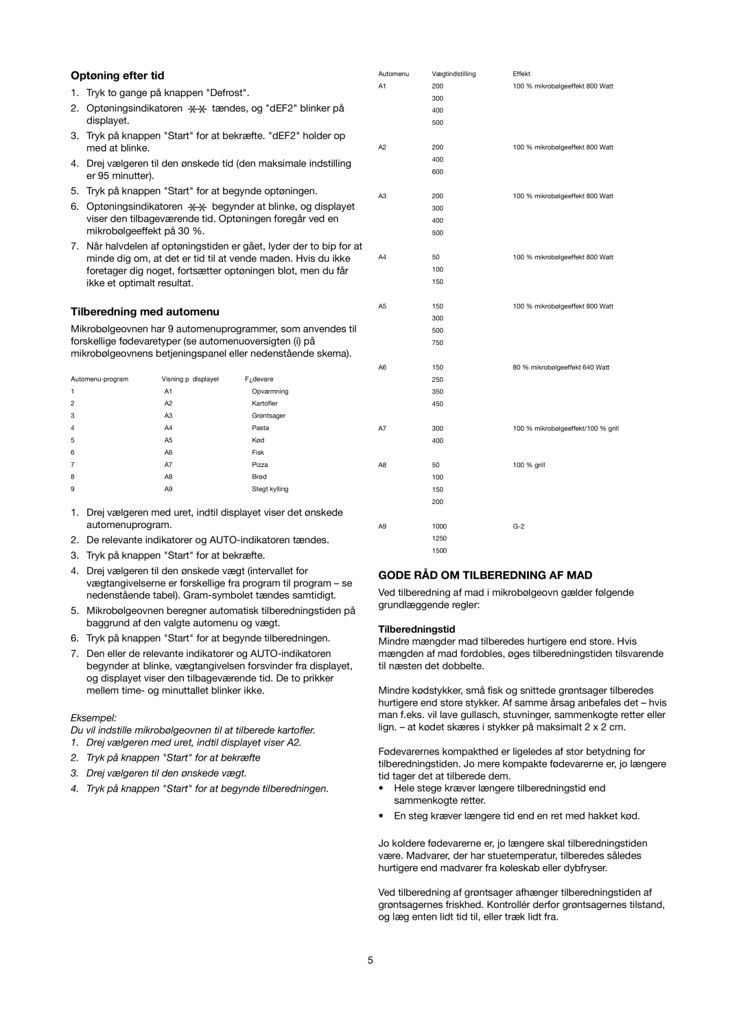 Melissa 753-130 manual Optøning efter tid, Tilberedning med automenu, Gode RÅD OM Tilberedning AF MAD, Tilberedningstid 