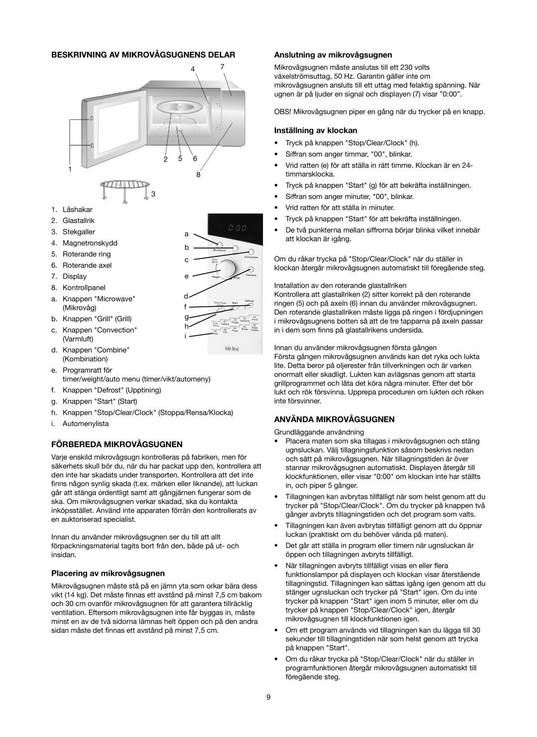 Melissa 753-130 manual Beskrivning AV Mikrovågsugnens Delar, Förbereda Mikrovågsugnen, Anslutning av mikrovågsugnen 