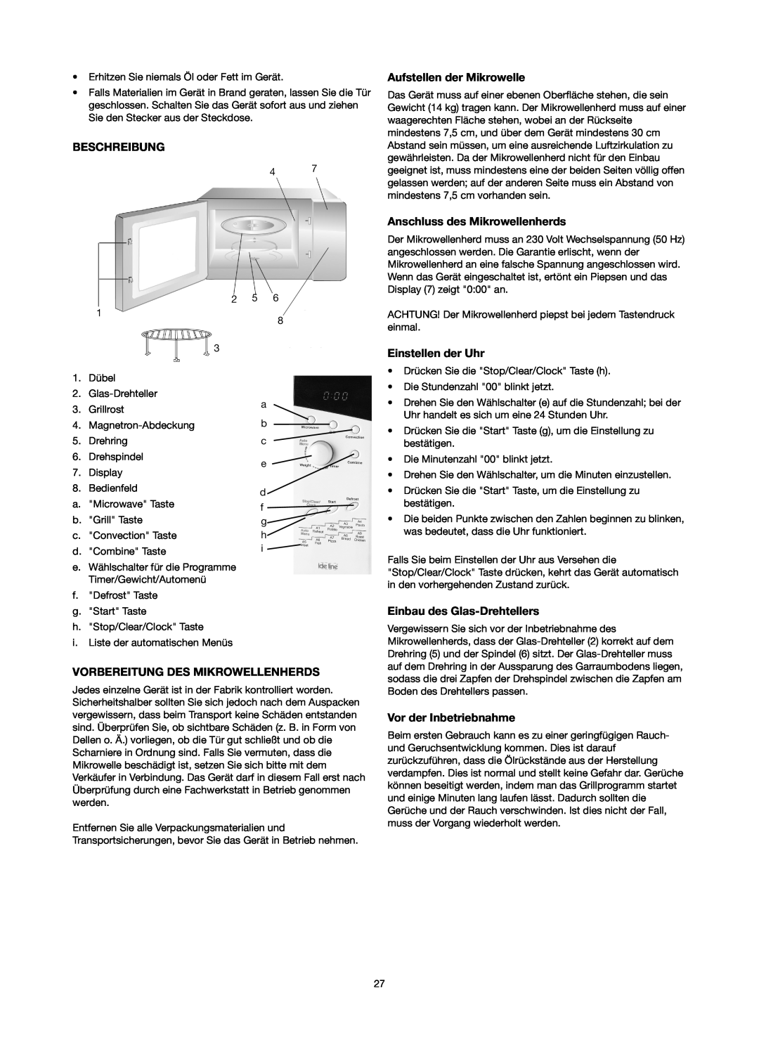 Melissa 753-130 manual Beschreibung, Anschluss des Mikrowellenherds, Einstellen der Uhr, Einbau des Glas-Drehtellers 