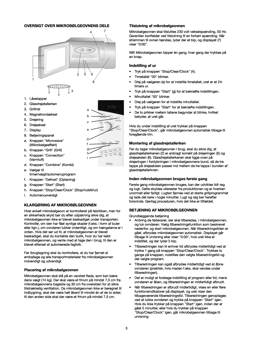 Melissa 753-130 manual Oversigt Over Mikrobølgeovnens Dele, Klargøring Af Mikrobølgeovnen, Tilslutning af mikrobølgeovnen 