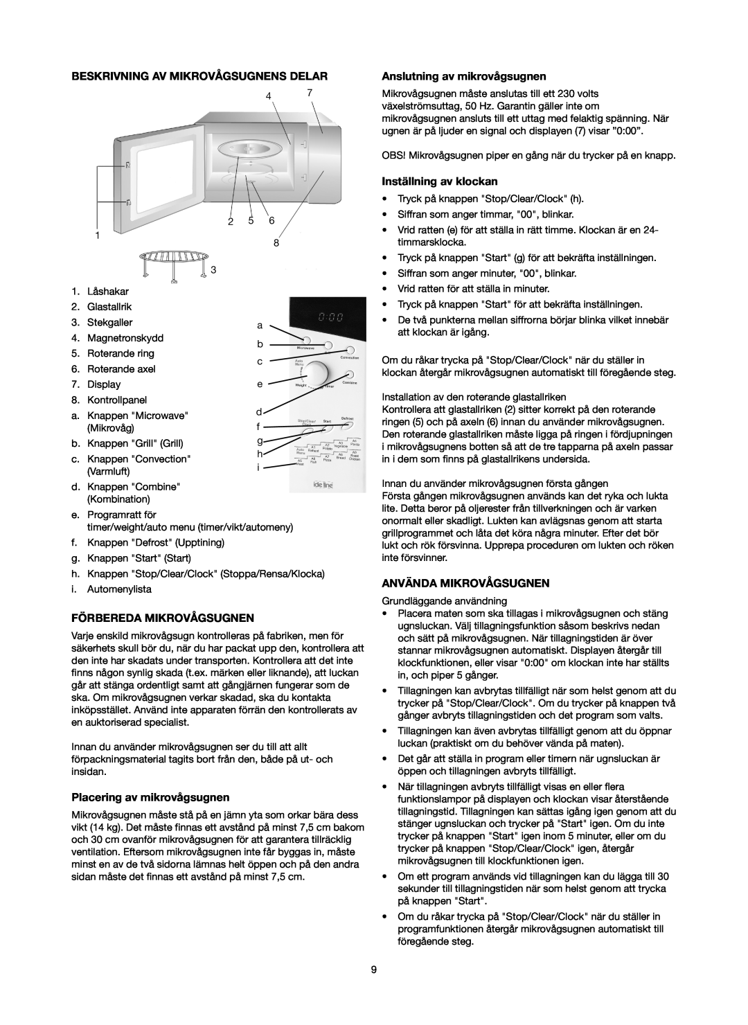 Melissa 753-130 manual Beskrivning Av Mikrovågsugnens Delar, Förbereda Mikrovågsugnen, Anslutning av mikrovågsugnen 