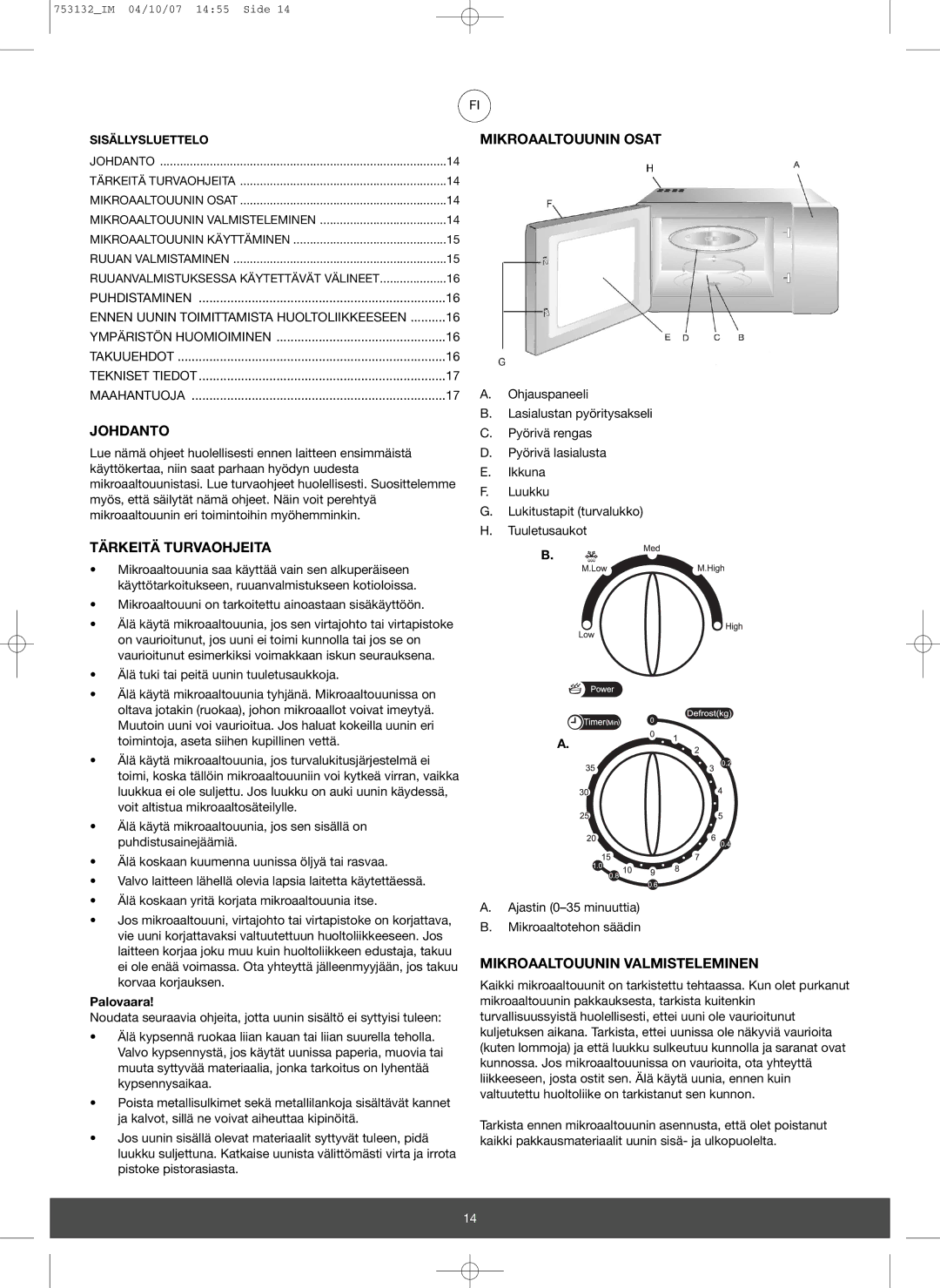 Melissa 753-132 manual Mikroaaltouunin Osat, Johdanto, Tärkeitä Turvaohjeita, Mikroaaltouunin Valmisteleminen, Palovaara 