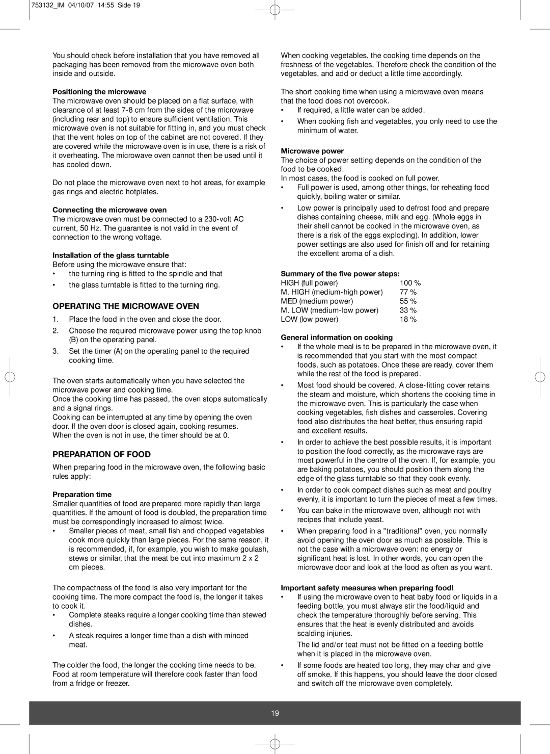 Melissa 753-132 manual Operating the Microwave Oven, Preparation of Food 