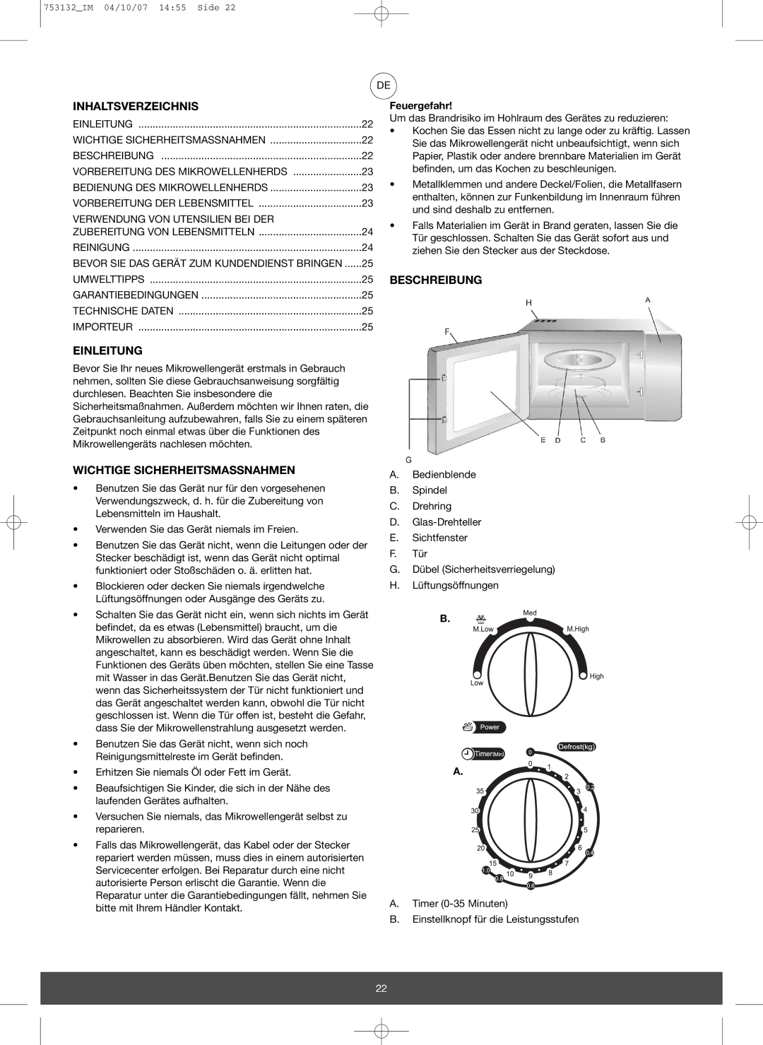 Melissa 753-132 manual Inhaltsverzeichnis, Einleitung, Wichtige Sicherheitsmassnahmen, Beschreibung, Feuergefahr 