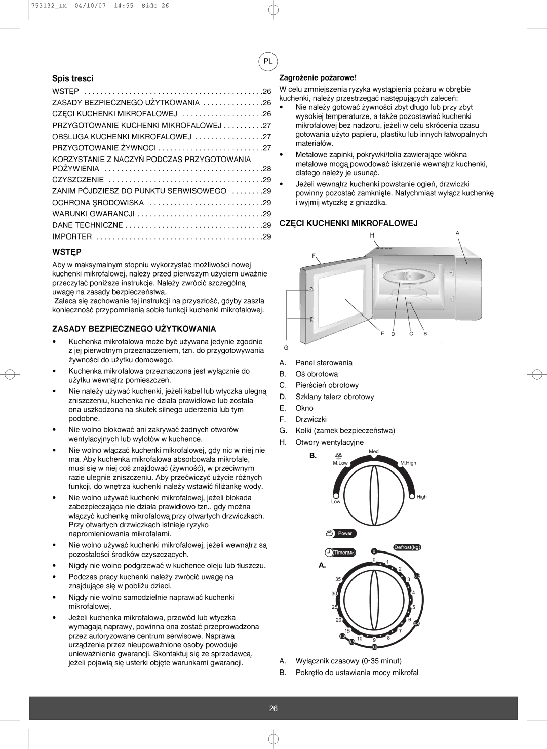 Melissa 753-132 manual Wst¢P, Zasady Bezpiecznego U˚YTKOWANIA, CZ¢CI Kuchenki Mikrofalowej, Zagro˝enie po˝arowe 