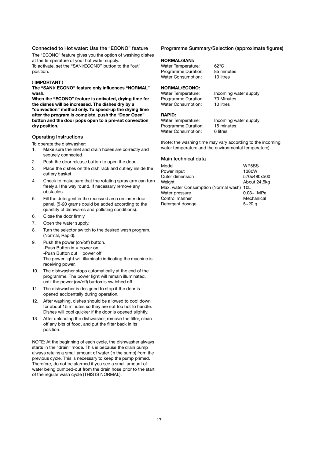 Melissa 758-007 manual Connected to Hot water Use the Econo feature, Operating Instructions, Main technical data, Rapid 