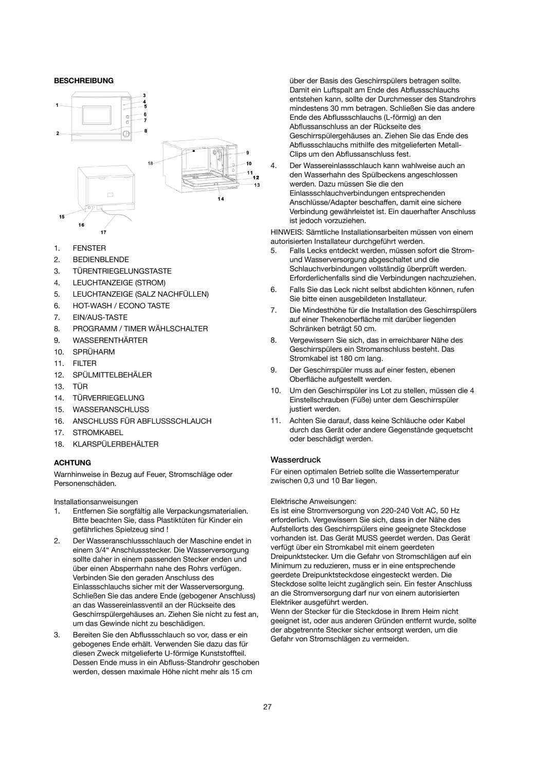 Melissa 758-007 manual Wasserdruck, Beschreibung, Achtung 