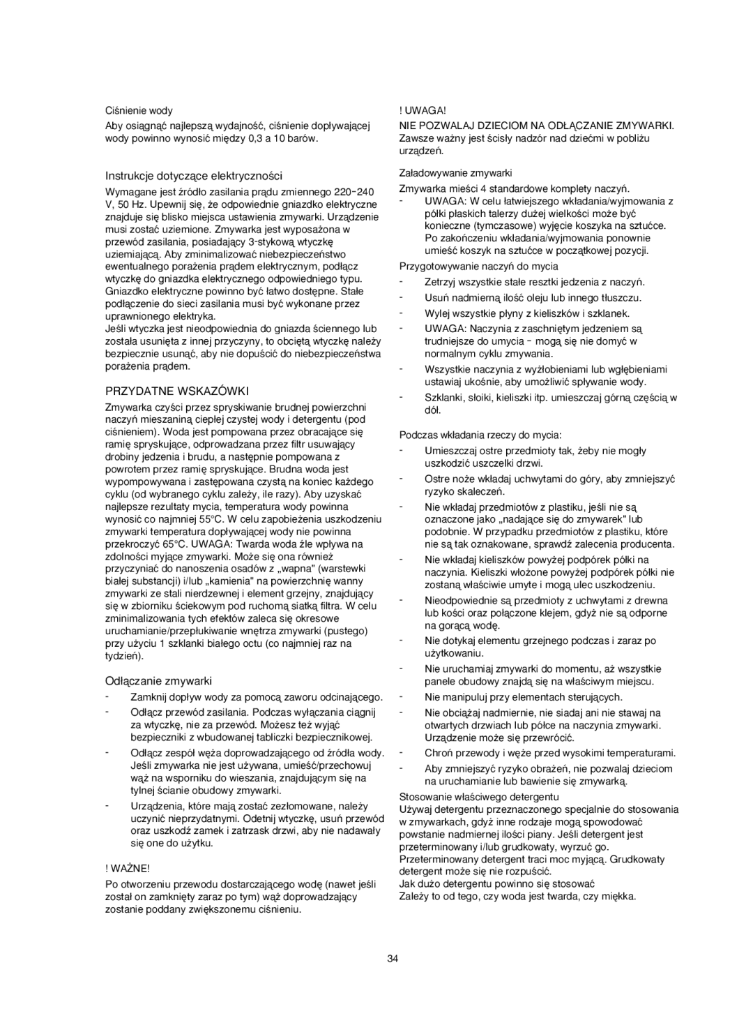 Melissa 758-007 manual Instrukcje dotyczàce elektrycznoÊci, Przydatne Wskazówki, Od∏àczanie zmywarki, Uwaga 