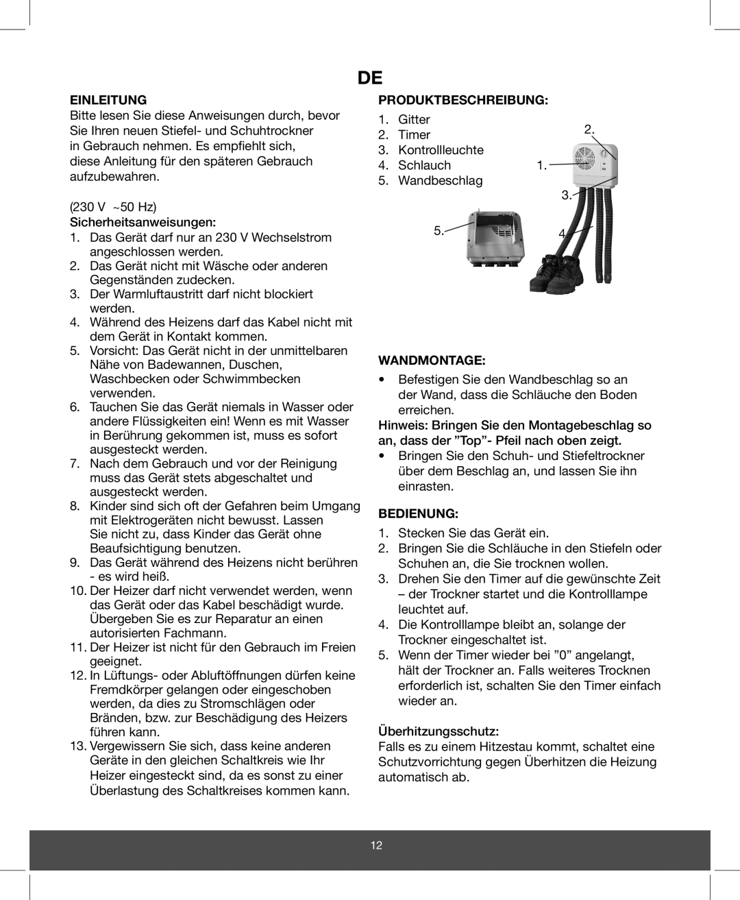 Melissa 770-056 manual Einleitung, Produktbeschreibung, Wandmontage, Bedienung 