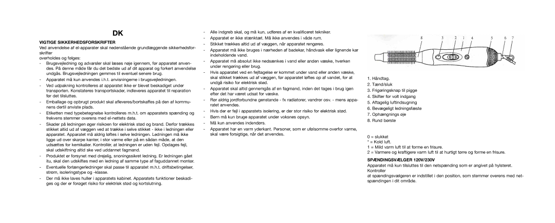 Melissa Air Curler manual Vigtige Sikkerhedsforskrifter, Spændingsvælger 120V/230V 