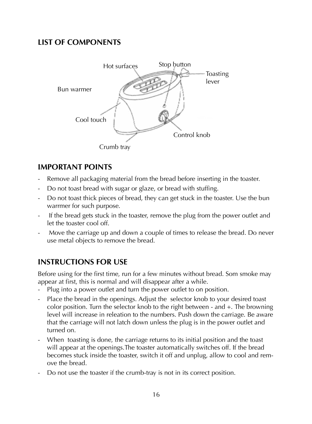 Melissa AT-280, AT-480 manual List of Components, Important Points, Instructions for USE 