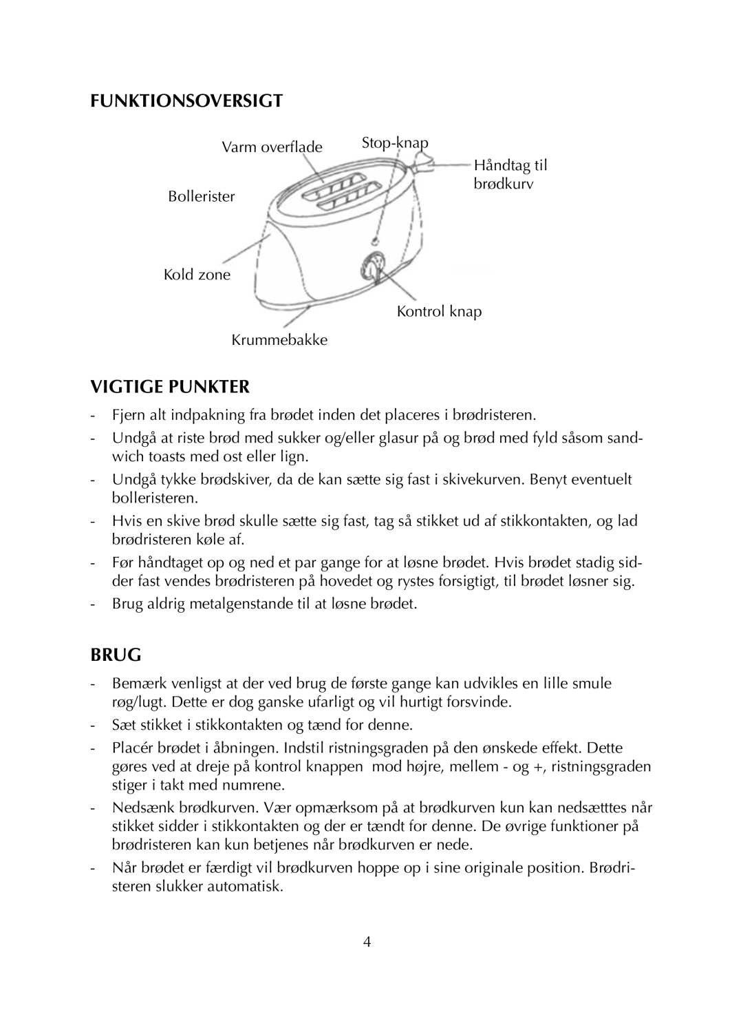 Melissa AT-280, AT-480 manual Funktionsoversigt, Vigtige Punkter, Brug 