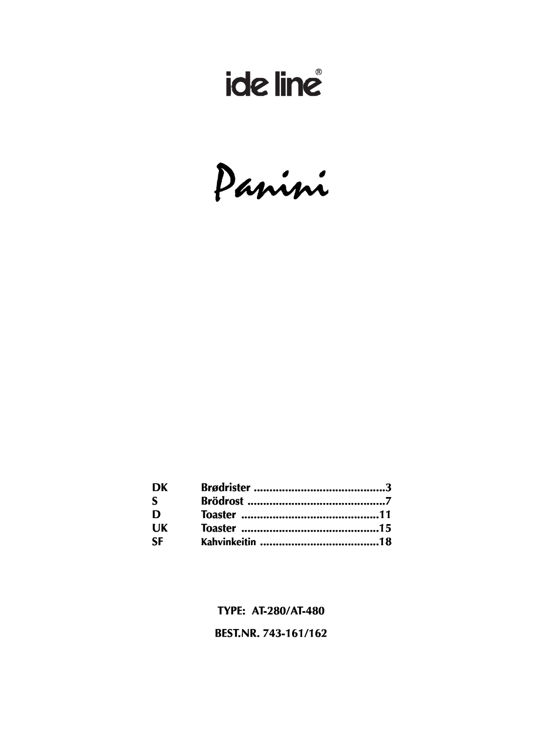 Melissa manual Panini, TYPE AT-280/AT-480 BEST.NR. 743-161/162 