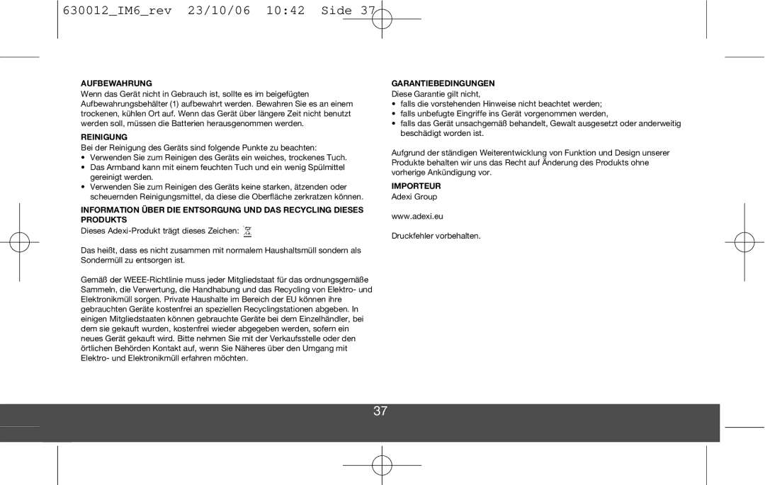 Melissa DVP3980 manual Aufbewahrung, Reinigung, Garantiebedingungen, Importeur 