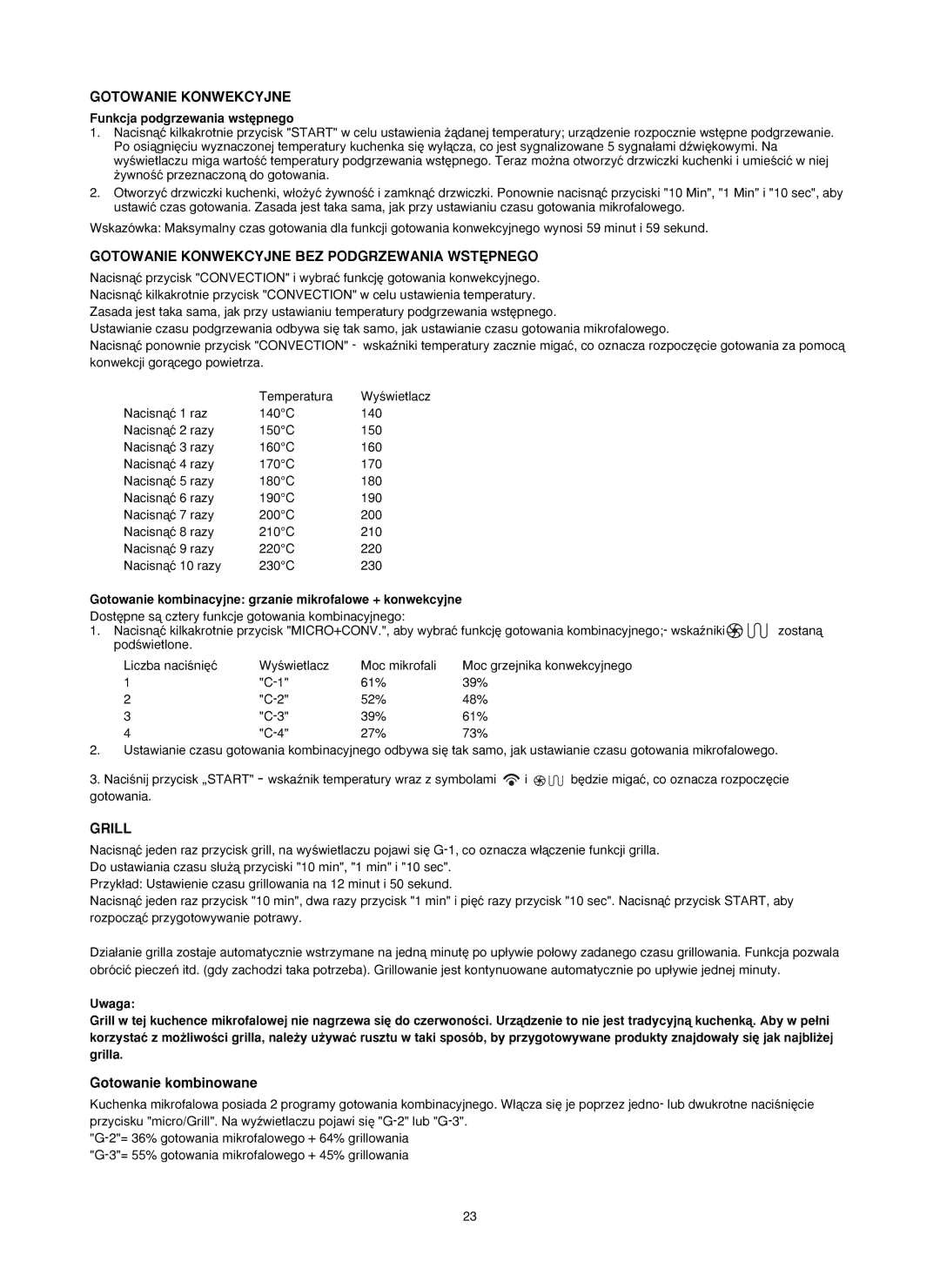 Melissa ED8525NS-SA manual Gotowanie Konwekcyjne BEZ Podgrzewania WST¢PNEGO, Gotowanie kombinowane 