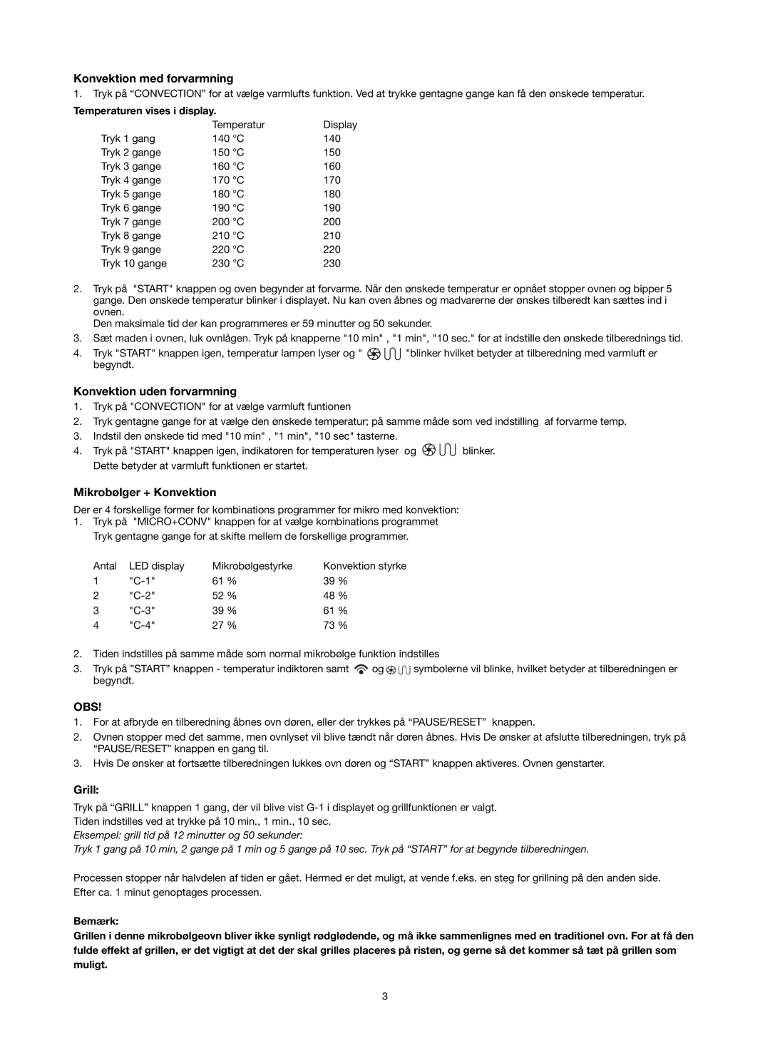 Melissa ED8525NS-SA manual Konvektion med forvarmning, Konvektion uden forvarmning, Mikrobølger + Konvektion, Obs, Grill 