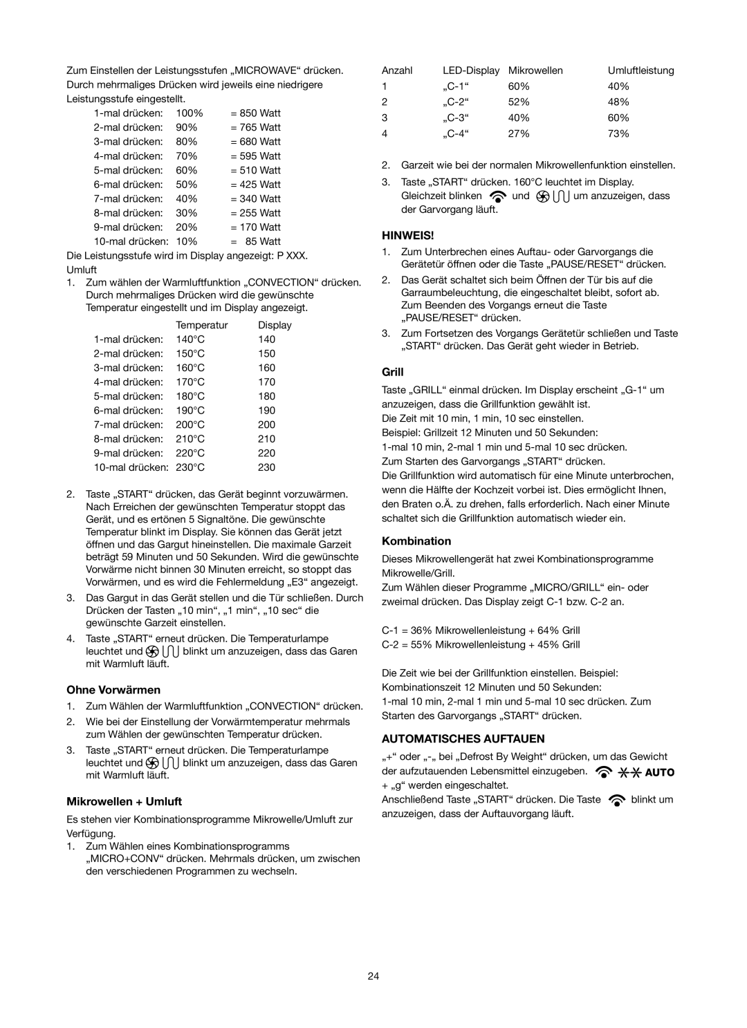 Melissa ED8525S-F manual Ohne Vorwärmen, Mikrowellen + Umluft, Hinweis, Grill, Automatisches Auftauen 