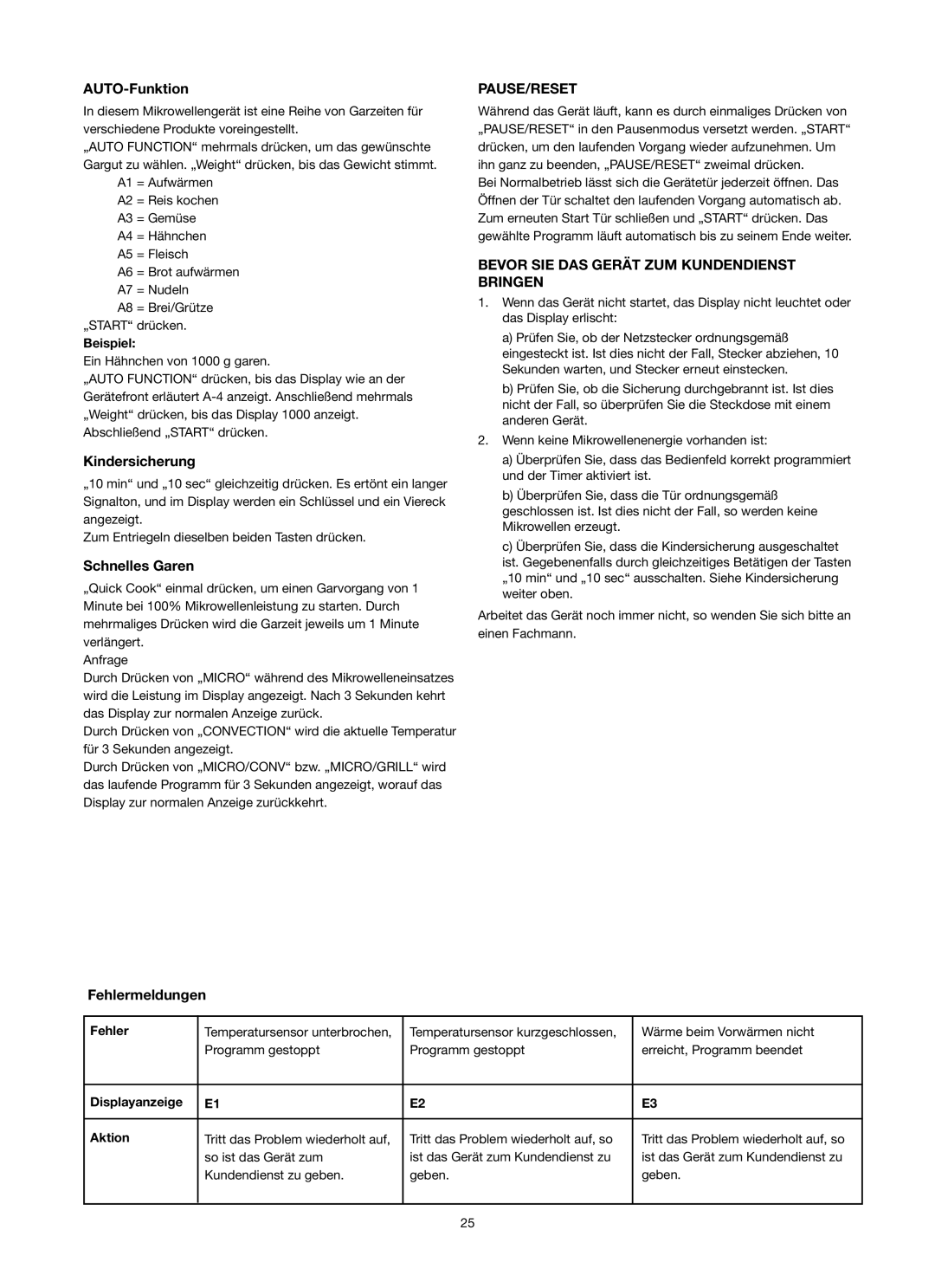 Melissa ED8525S-F manual Kindersicherung, Schnelles Garen, Pause/Reset, Bevor SIE DAS Gerät ZUM Kundendienst Bringen 