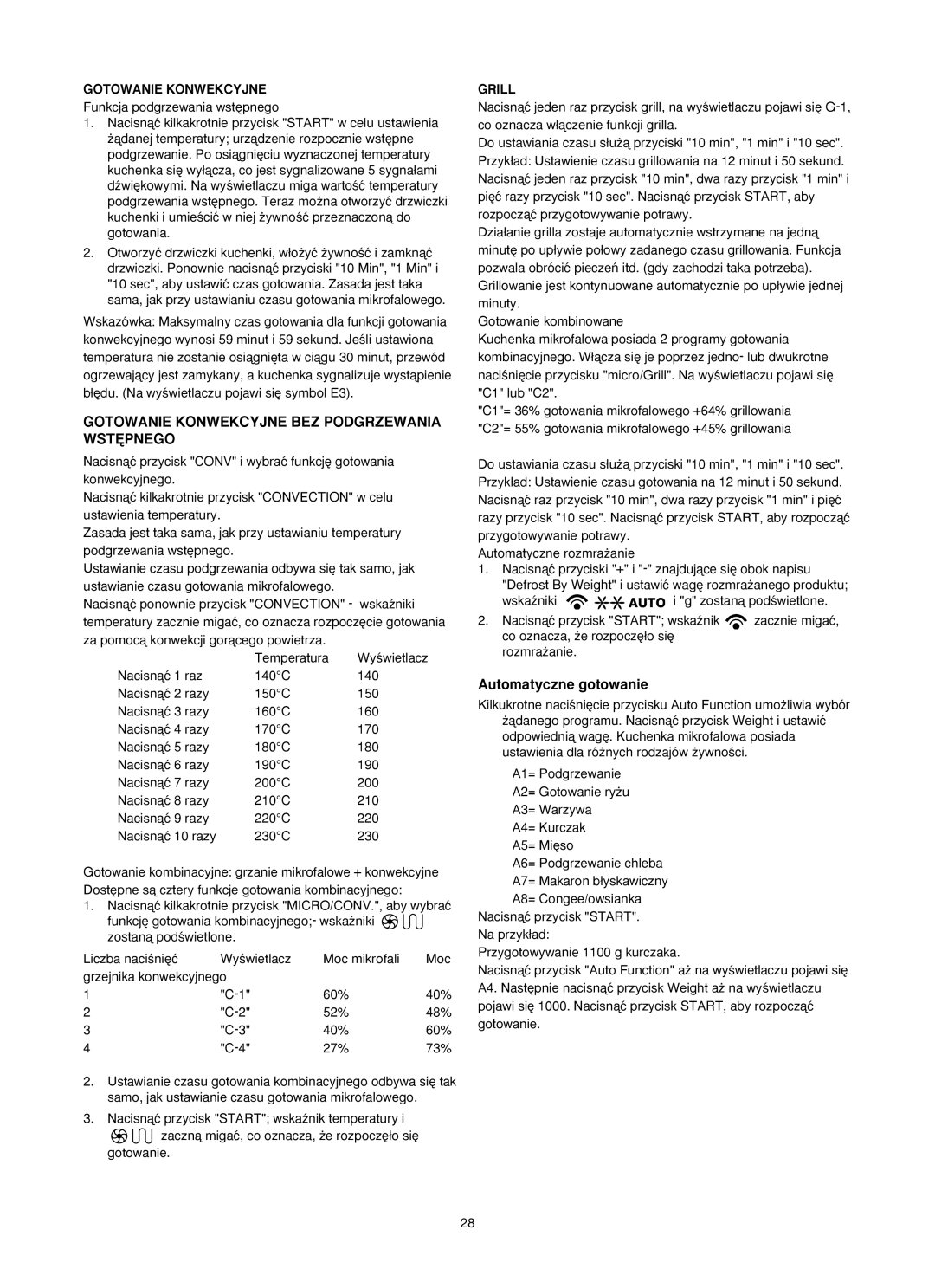 Melissa ED8525S-F manual Gotowanie Konwekcyjne BEZ Podgrzewania WST¢PNEGO, Automatyczne gotowanie, Grill 