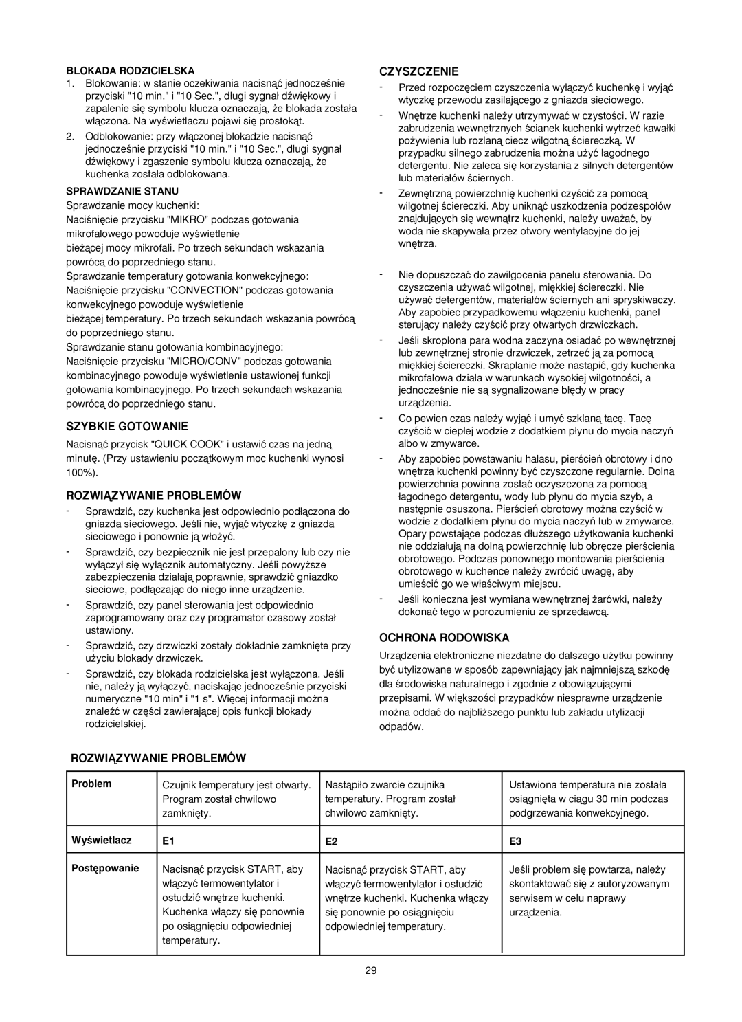 Melissa ED8525S-F manual Szybkie Gotowanie, Rozwiñzywanie Problemów, Czyszczenie, Ochrona Rodowiska 