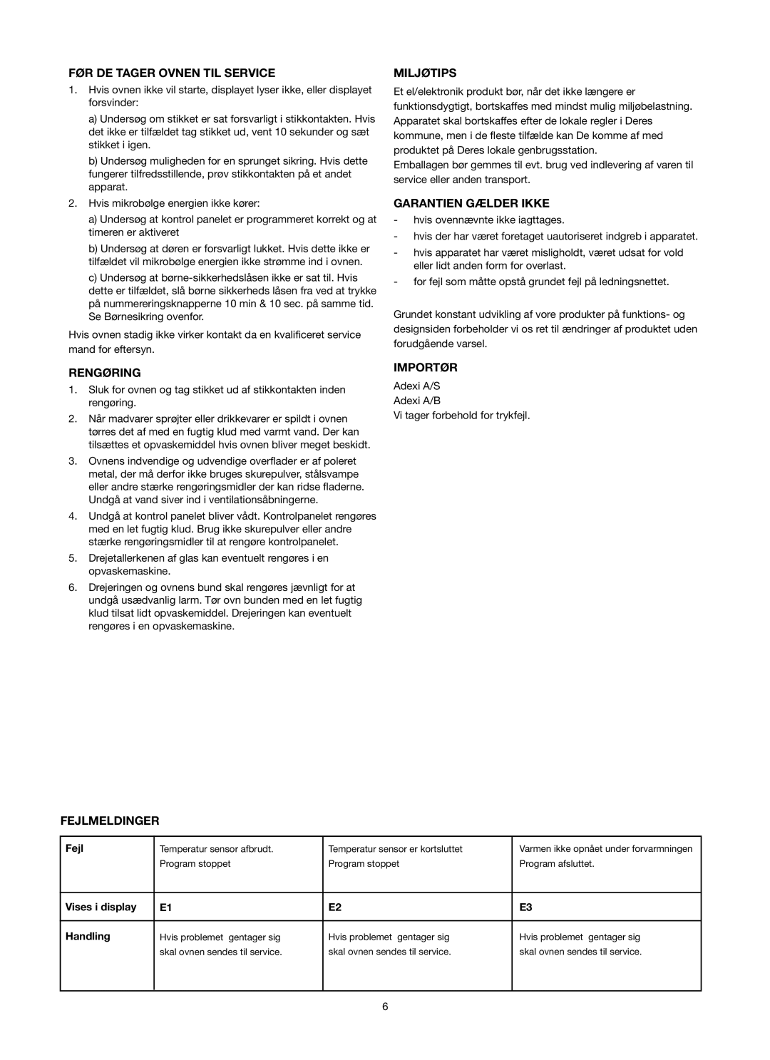 Melissa ED8525S-F FØR DE Tager Ovnen TIL Service, Miljøtips, Garantien Gælder Ikke, Rengøring Importør, Fejlmeldinger 