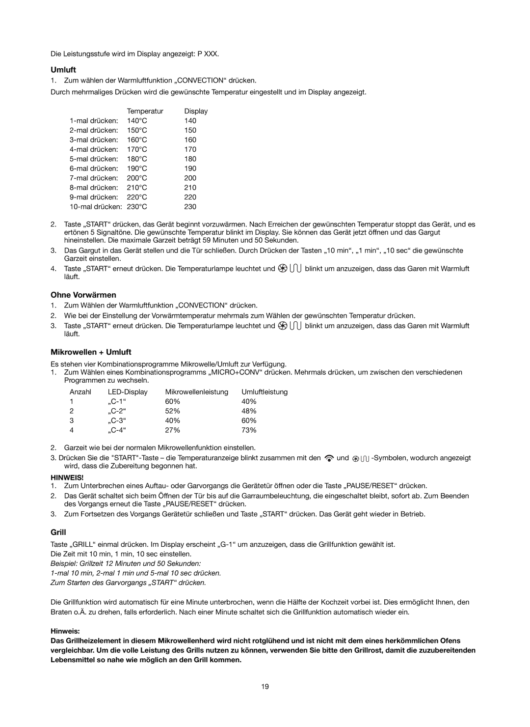 Melissa ED8525S-SA manual Ohne Vorwärmen, Mikrowellen + Umluft 