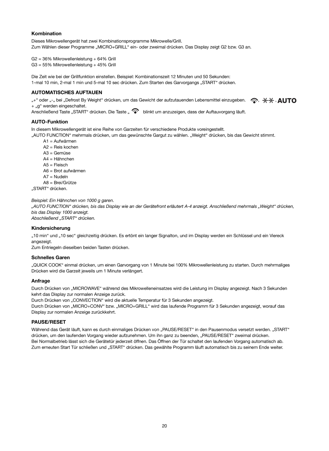 Melissa ED8525S-SA manual Automatisches Auftauen, Kindersicherung, Schnelles Garen, Anfrage 