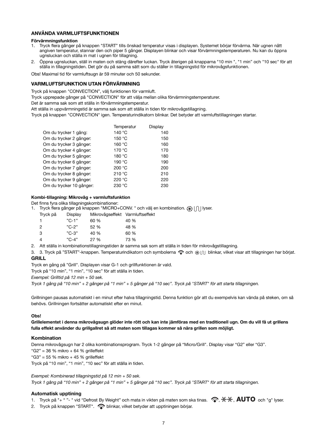 Melissa ED8525S-SA manual Använda Varmluftsfunktionen, Varmluftsfunktion Utan Förvärmning, Grill, Automatisk upptining 