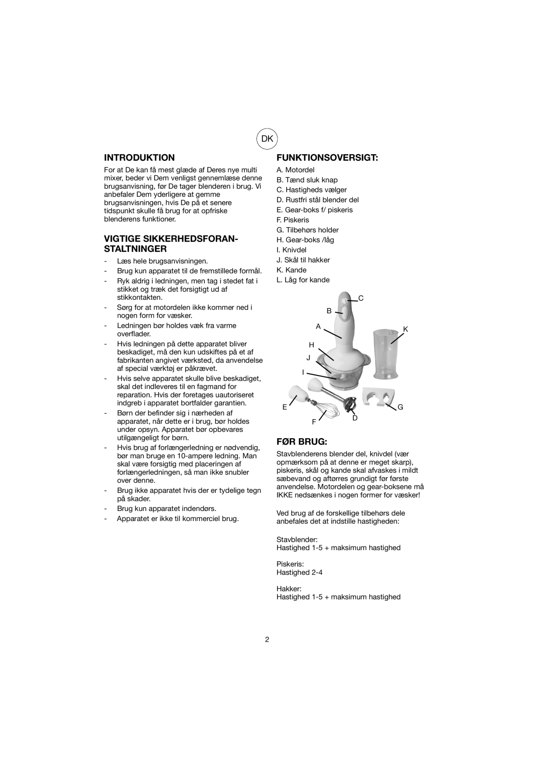 Melissa GMT-032BD manual Introduktion, Vigtige SIKKERHEDSFORAN- Staltninger, Funktionsoversigt, FØR Brug 