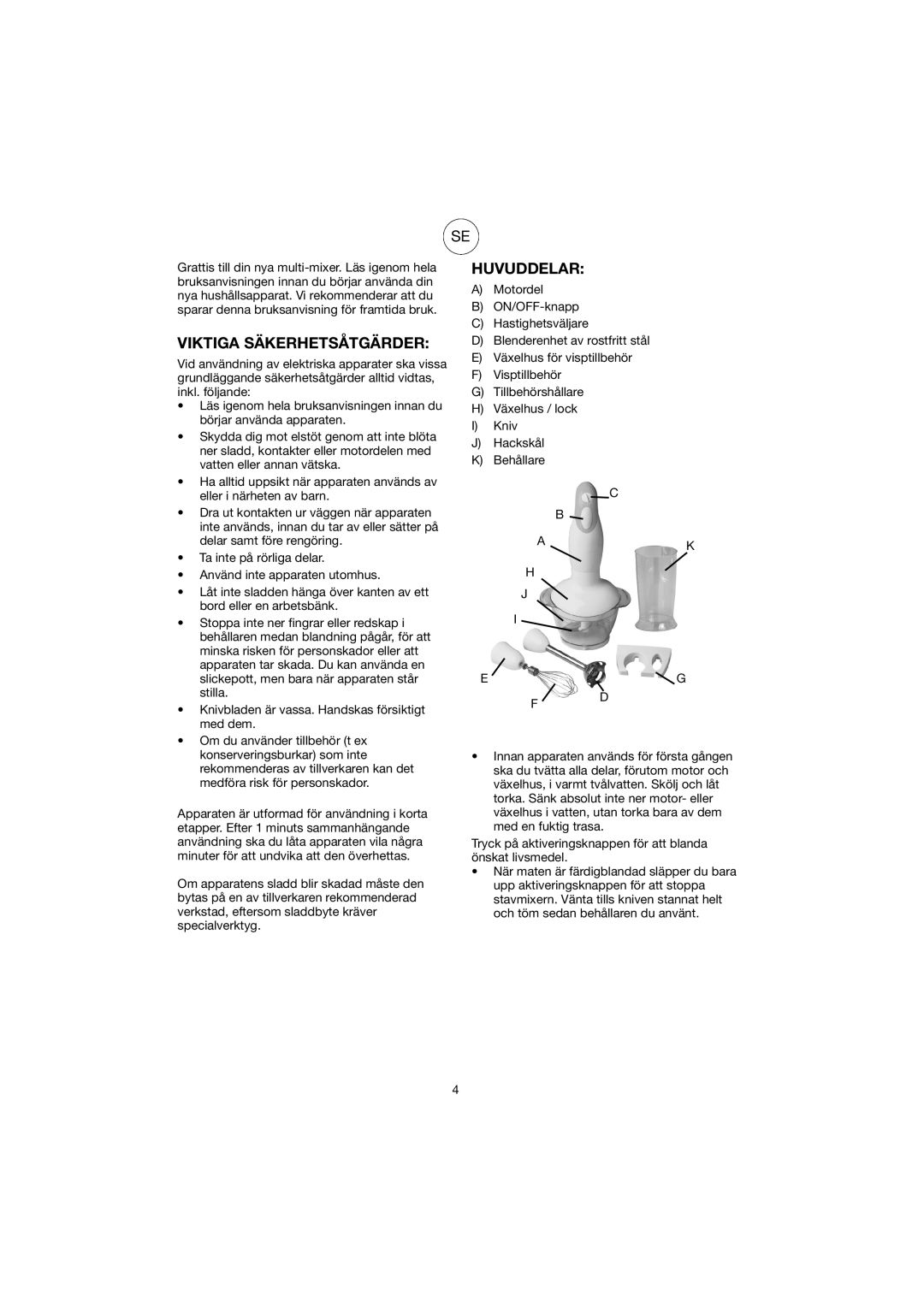 Melissa GMT-032BD manual Viktiga Säkerhetsåtgärder, Huvuddelar 