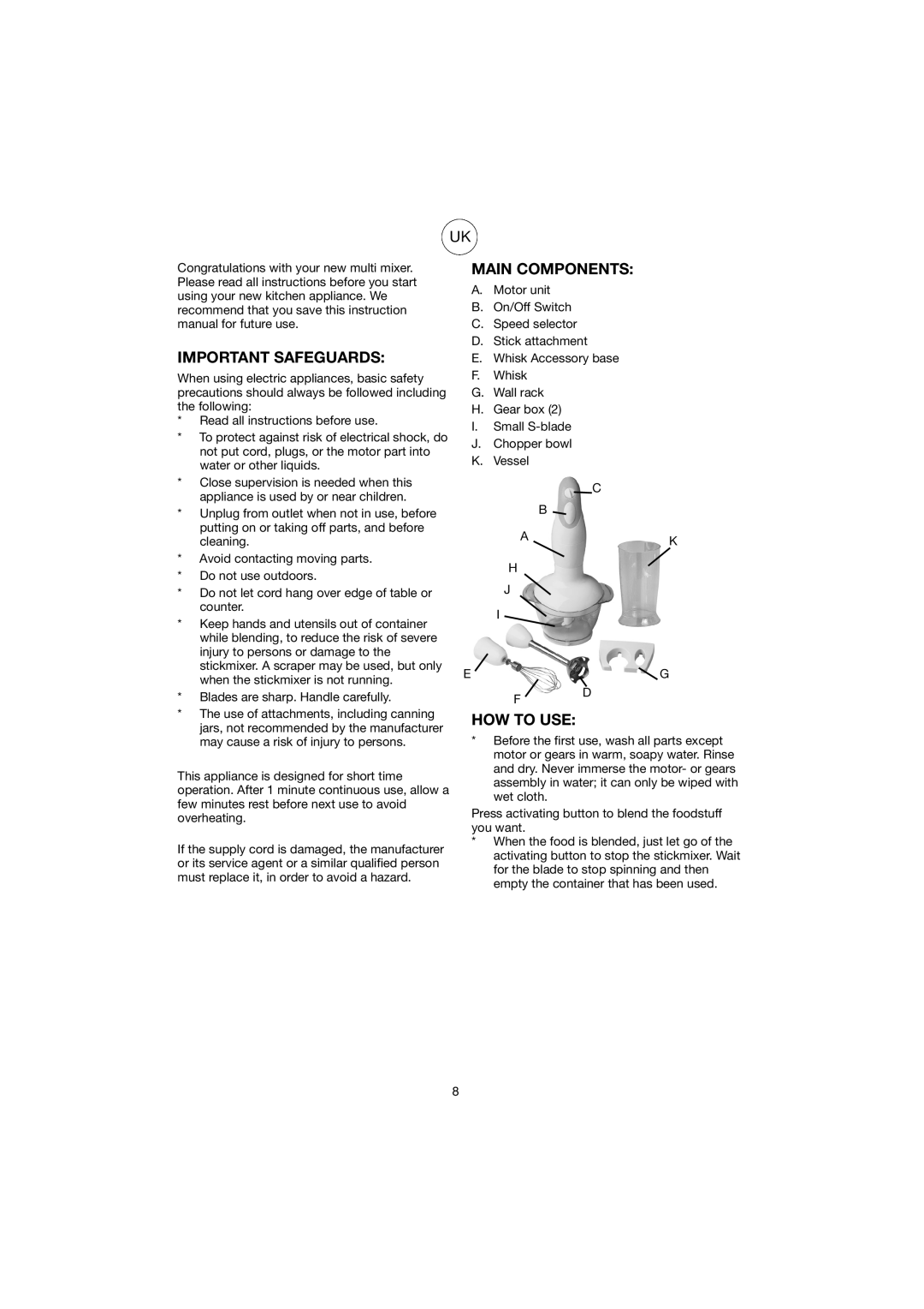 Melissa GMT-032BD manual Important Safeguards, Main Components, HOW to USE, May cause a risk of injury to persons 