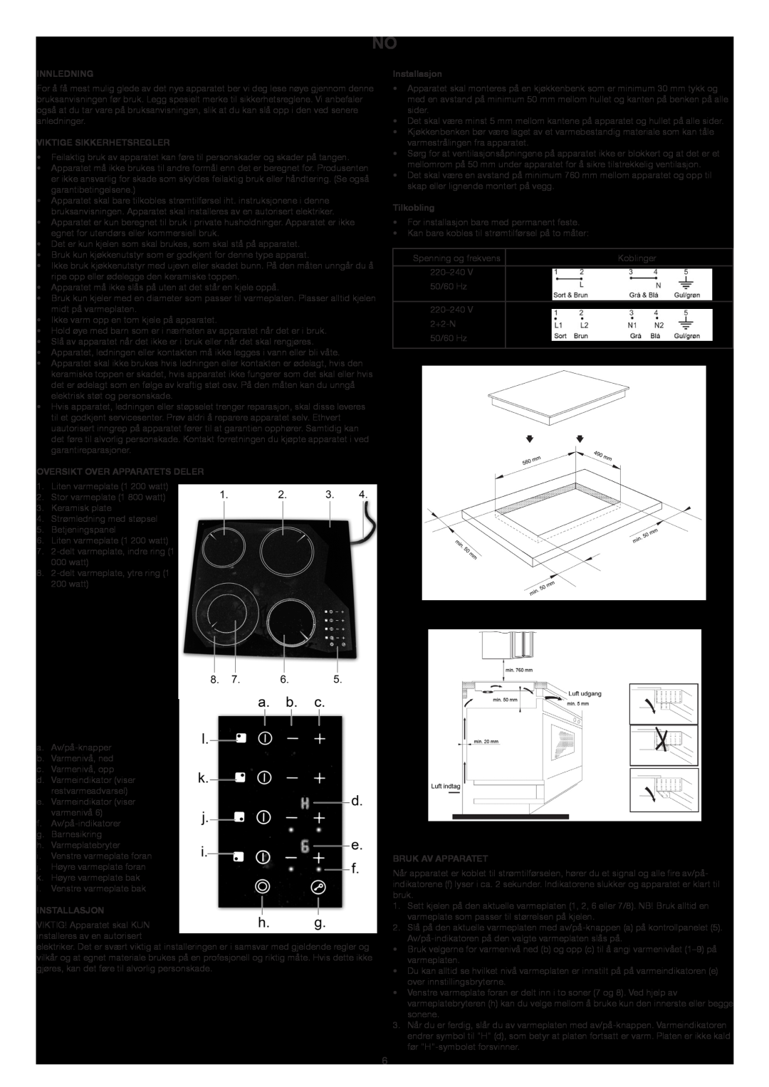 Melissa Hotplate manual Innledning, Viktige Sikkerhetsregler, Oversikt Over Apparatets Deler, Installasjon, Tilkobling 